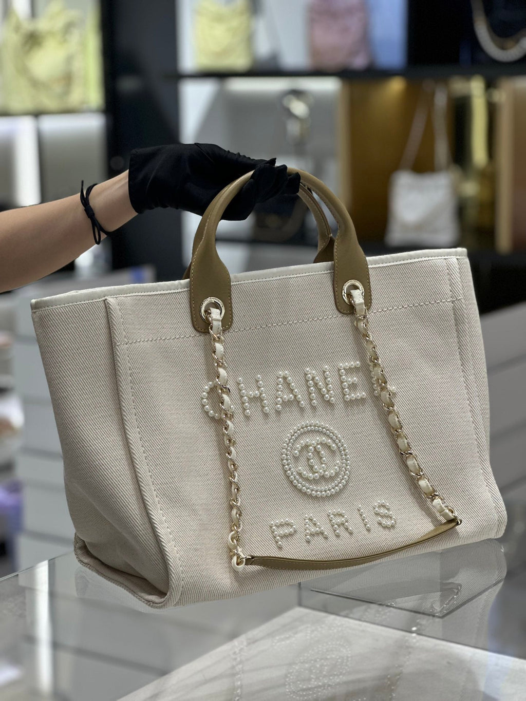 Chanel Natural Canvas and Tan Leather Large Pearl Deauville Tote - 30x39x22cm