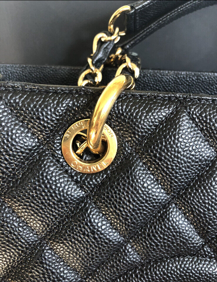 Authentic Chanel CC BlackGold Caviar Quilted Grand Shopping Tote