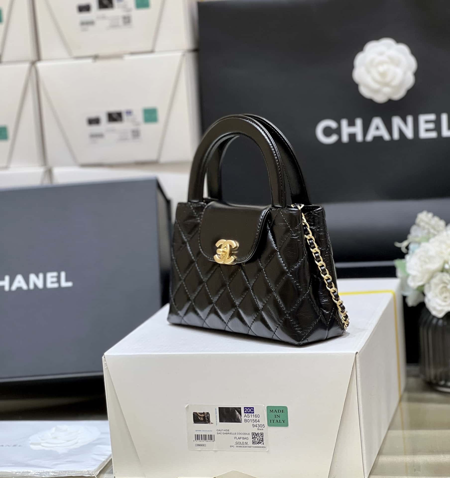 Chanel Kelly Mini Shopping Bag Mini 23K Shiny Aged Calfskin Black 13x19x7cm
